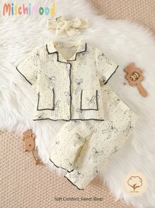 Set neonato bambina con chiusura a bottoni frontali, fiocco e bordi a contrasto, morbido e confortevole, adatto per l'estate - Albicocca - Visualizzare 1