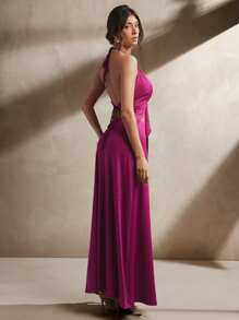 L'Amorae Women Two Piece Co Ord Knit Set,Halter Ruffle Neck Crop Top & Maxi Skirt,Magenta Summer Elegant Vacation Holiday Wedding Guest Berry Resort Ibiza Wear - Hot Pink - View 5