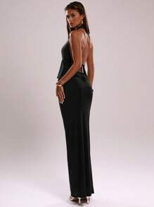 SHEIN BAE Conjunto sexy de 2 piezas con top sin espalda de cuello en V profundo y falda con bajo asimétrico para mujer - Negro - Ver 2