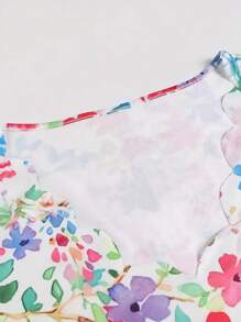 女式休闲花卉印花短袖直筒连衣裙，配扇贝边