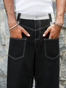 Manfinity Hypemode Men's Long Black Denim Jeans Loose Fit Contrast Panel And Stitching Detail Zipper Fly