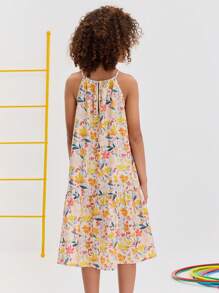 SHEIN Tween Girl Relaxed Casual Floral Print Midi Sleeveless Dress, Comfortable & Minimal - Yellow - View 2