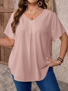 EMERY ROSE 加大码 V 领褶饰夏季短袖休闲纯色上衣，乡村休闲度假风，简约时尚，适合日常穿着，适合送给母亲、波西米亚、春假、狂欢、乡村、老师的礼物