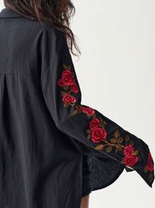 Bohemela Áo sơ mi dài tay tối giản thêu hoa cỡ lớn - màu đen - Xem 4