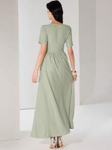 Heiryn 女式夏季纯色V领短袖褶皱优雅连衣裙