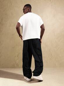 SUMWON 优质工装裤阔腿街头喇叭裤多口袋抽绳腰秋冬休闲裤 - 黑色 - 查看 5