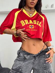Coolane Women's Summer Brazil Rave Festival Streetwear Y2K Going Out Sportswear Brazil Graphics Patchwork Crop Tees - Red - View 6