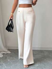 Elenzga Damen einfarbige Knopfdesign gerade geschnittene lose Freizeithose