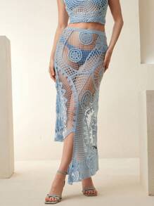 Anewsta 女士优雅不对称下摆镂空透视 A 字长裙泳衣罩衫，适合海滩、度假、春夏、节日、毕业典礼 - 藍色 - 查看 3