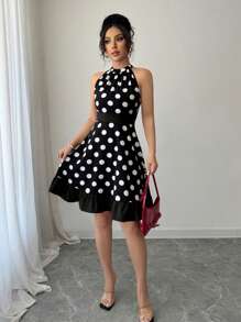 Gloray 女士优雅波尔卡圆点印花露背短款连衣裙，夏季 - 黑色 - 查看 3