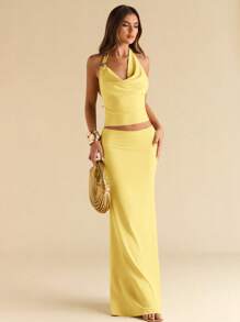 SHEIN BAE 女士金属装饰咖啡棕色鱼尾修身针织露背套装 - 黃色 - 查看 5