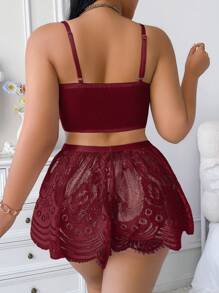 Sexy Große Größen Spitzen-Bralette-Top und Cut Out Spitzen-Shorts Set, verführerische Dessous - Bordeaux - Übersicht 2