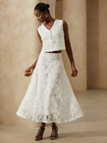 Aveloria Rosie 2-teiliges französisches elegantes 3D Blumen Design Trägerhemd und Mini Rock Set für Damen - Aprikosenfarben - Übersicht 3