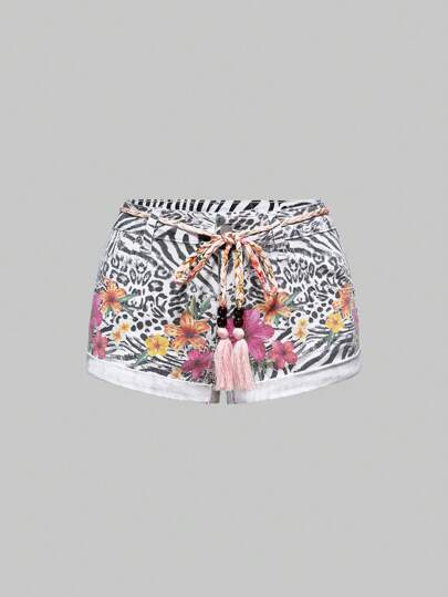 Fairycore Pantalones cortos vaqueros de tiro bajo con estampado de cebra, parches y flores en estilo 'Gal' de vacaciones Y2K