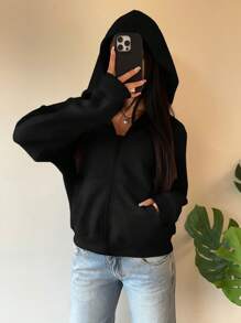 SHEIN EZwear Women's Black Knight Print Knitted Hooded Sweatshirt Sweatshirt In Fall/Winter - Black - View 4