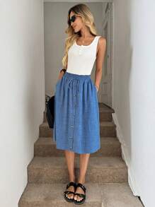 Easowa 女士蓝色牛仔效果 A 字裙，宽松版型，适合秋季 - 藍色 - 查看 5