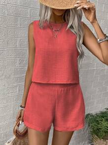 EMERY ROSE Women 2pcs Set Solid Color Vest And Shorts For Vacation - Watermelon Pink - View 6
