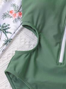 Tween Girl 棕榈树印花插肩袖连体泳衣，随机印花设计 - 彩色 - 查看 6