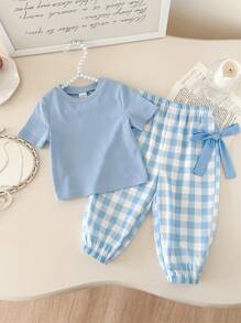 SHEIN Babygirl 蓝色格子裤和短袖针织上衣套装，夏季 - 藍色 - 查看 5