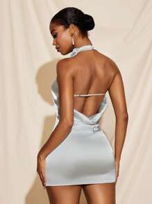 NAJILARAQUELDESIGNS Cowl Halter Neck Drape Back Open-Back Mini Satin Dress Women Summer Dress Sexy Wedding Vacation - Grey - View 1