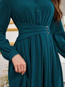 Modelyn 简约前扣系带领长袖端庄连衣裙长款晚礼服 - 水鴨藍 - 查看 6