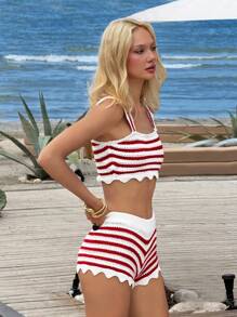 SHEIN EZwear 2 件套女士休闲撞色条纹扇贝下摆短款毛衣上衣和短裤套装 - 紅白色 - 查看 4