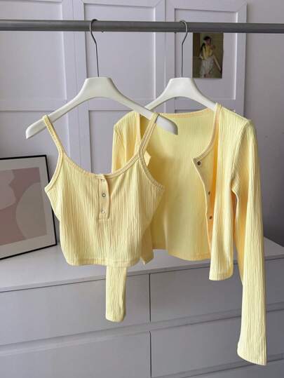 DAZY 2Pcs Women Camisole Top & Yellow Cardigan Set, Cream Color, Suitable For Spring & Autumn Long Sleeve Women Tops