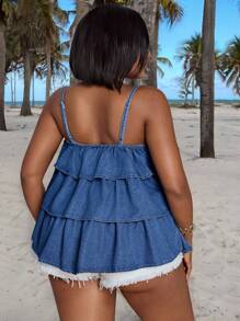 SHEIN SXY 大码女式休闲无弹力牛仔荷叶边裹身上衣，浅蓝色牛仔衬衫，适合夏季度假穿着 - 淺色水洗藍 - 查看 3