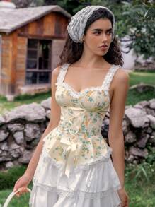 SHEIN 1pc Women Floral Print Ruffle Edge Tie Front Bodysuit - Multicolor - View 5