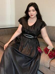 Dazy Plus Solid Color Chiffon Ruffle Collar Decorative Waist Cinched Waist Long Black Short Sleeve Summer Dress