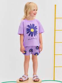 SHEIN 2pcs Young Girl Casual Loose Fitted Colorblock Bow Decor T-Shirt & Shorts Set