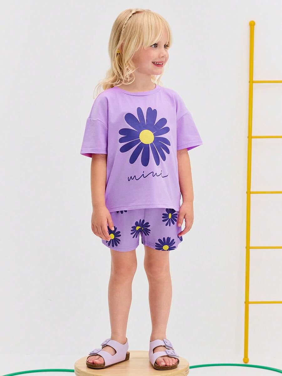 SHEIN 2pcs Young Girl Casual Loose Fitted Colorblock Bow Decor T-Shirt & Shorts Set