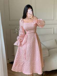 Feyla Women's Solid Color Square Neck Ruffle Hem Long Sleeve Dress Long Evening Dresses