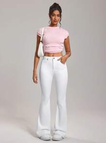 SHEIN Tall Women's Casual Versatile Solid Color Fitted White Flare Jeans - White - View 7