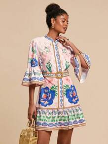 Travachic 女式波西米亚印花喇叭袖短裙，时尚度假装，女士度假装，女士度假装，海滩度假装，女士夏季装，女士夏季连衣裙，女士连衣裙，夏季连衣裙，女士太阳裙，女士优雅连衣裙