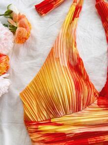 Soleia Women's Sunset Ombre Gradient Print Pleated Fabric Halter Neck Bodycon Top And Double Layer Ruffle Mini Skirt Set, Holiday, Date, Afternoon Tea, Beach, Cruise, Road Trip, Music Festival, Boho Vacation Summer Skirt Set Vacation Outfits Woman Skirt Set Beach Skirt Set Tequila Sunrise Outfit - Coral Orange - View 7