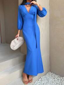 CLARA VERO Women Solid Color Long Sleeve With Shawl Detailed Dress - Blue - View 6