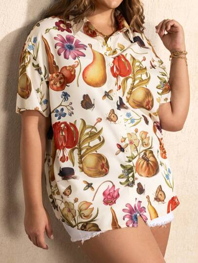 SHEIN Touch of Art Plus Size Plant Pattern Front Button Casual Short Sleeve Shirt For Summer