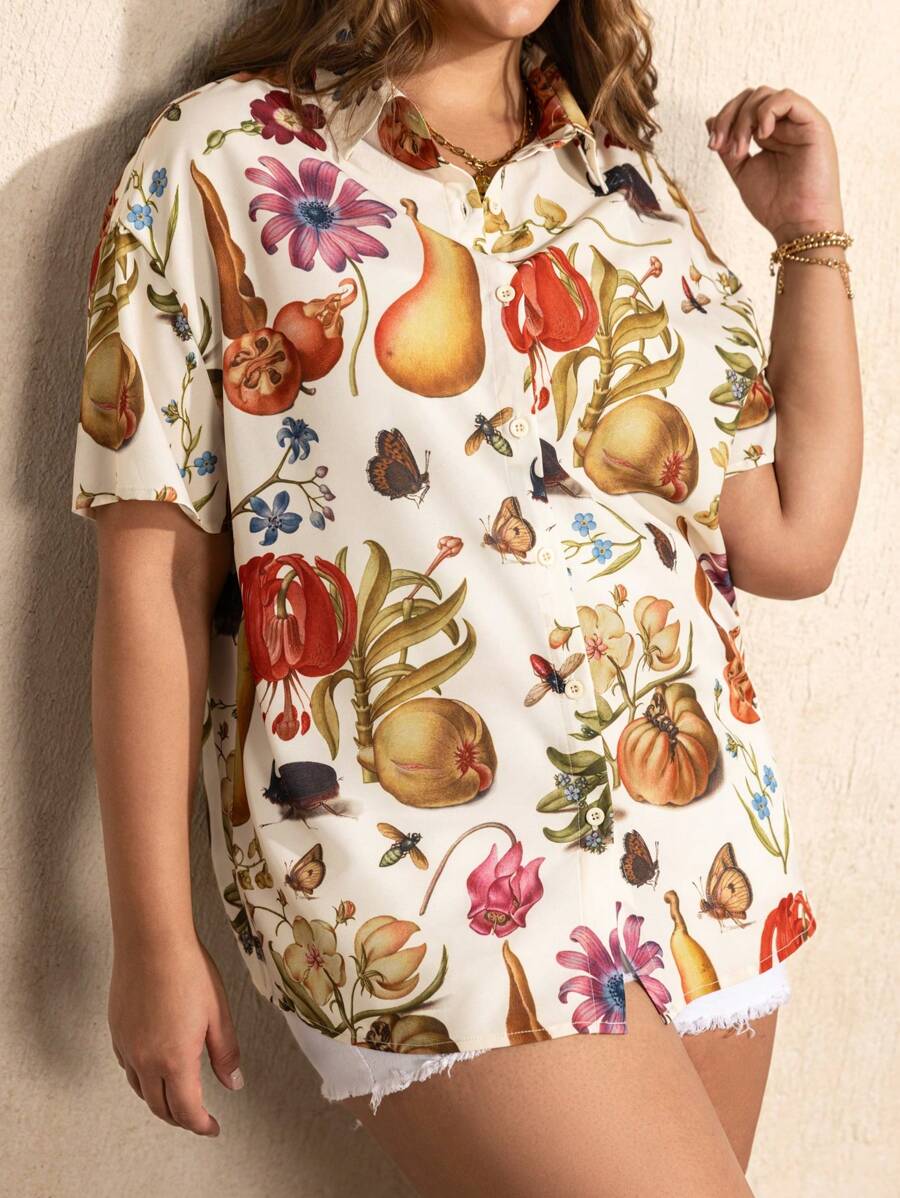 SHEIN Touch of Art 夏季大码植物图案前扣休闲短袖衬衫 - 杏色 - 查看 1