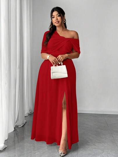 Elenzga Plus Size Women's Elegant Romantic Wedding Party Dress, Chiffon One-Shoulder Split Maxi Dress, Suitable For Spring, Autumn & Winter