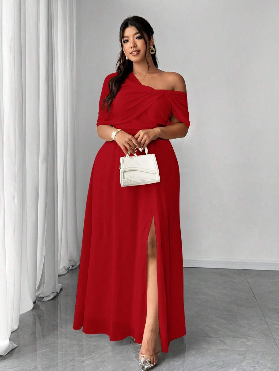 Elenzga 大码女士优雅浪漫婚礼派对礼服，雪纺单肩开衩长裙，适合春、秋、冬季穿着 - 紅色 - 查看 1