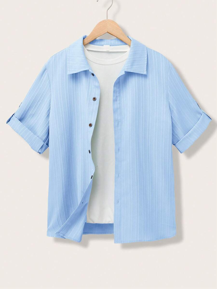 青少年男孩/青少年男孩休闲百搭柔软波浪图案立领宽松短袖编织纯色衬衫，适合学校、花园、海滩、生日、春季、夏季、秋季、冬季