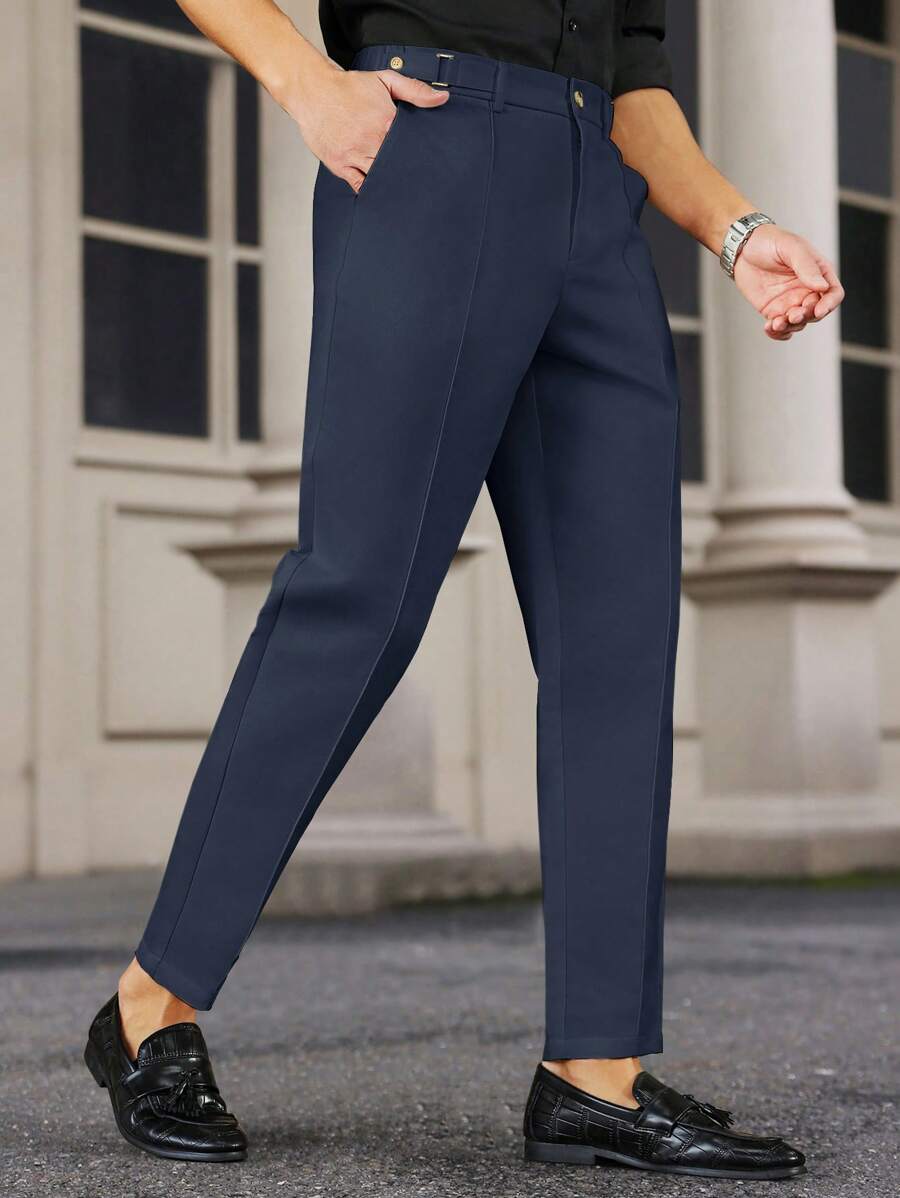 Manfinity Bizformal Naples 男士白色可调节腰部直筒修身正装裤男士西装裤男士西装裤男士正装裤 - 藏蓝色 - 查看 1