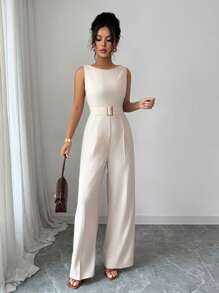 Selianne French Romantic One-Shoulder Sleeveless High Waist Belt Smooth Fabric Metal Buckle Decoration Wide Leg Straight Women Jumpsuit Women Summer Clothing Women Office Clothing Outing Clothing - Khaki - View 7