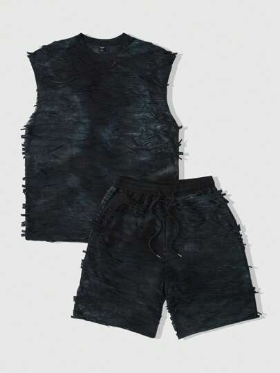 Men's Street Life Distressed Vest And Drawstring Waist Shorts Set