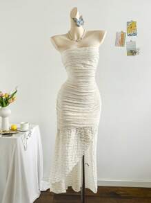 Soleia Vacation Light Yellow Ruched Strapless Low Waist Asymmetrical A-Line Dress - Beige - View 4