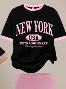 SHEIN Tween Girls' Casual Simple Short Sleeve Top And Pants 2 Pieces Set, Suitable For Summer