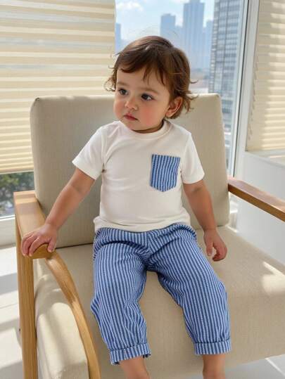 Souflis Souflis 2pcs Baby Boys Spring/Summer Outfit, Fresh And Energetic Combination - Pure White Crew Neck Short Sleeve Top Paired With Blue And White Striped Denim Pants, Simple Style With Fashionable Details, Comfortable And Fitting, Suitable For Outings, Casual Daily Wear, And Gatherings With Friends Boy Baby Clothes Baby Boys Sets Boy Summer Clothes Baby Boys Sets Boy Clothes For Baby Boy Clothes Baby Boys Sets Boy Baby Sets