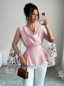 Elenzga Women's Elegant Embroidery Splice Loose Collar Gathered Waist Shirt - Pink - View 1