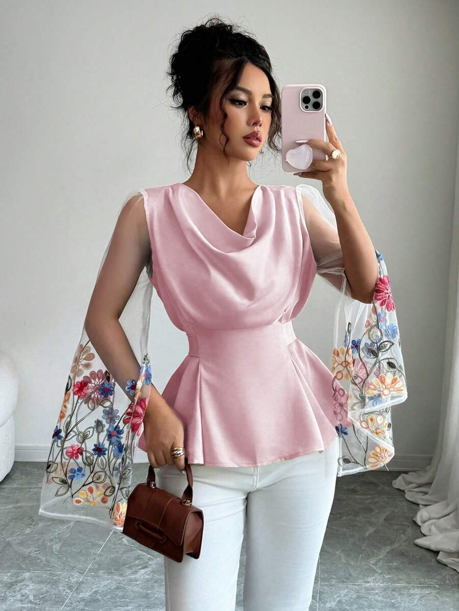 Elenzga Women's Elegant Embroidery Splice Loose Collar Gathered Waist Shirt - Pink - View 1